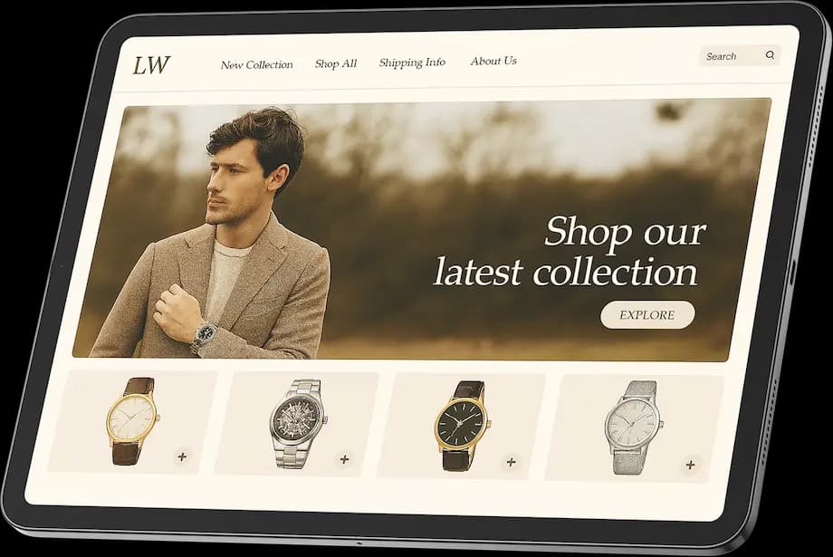 Tableta que muestra la página principal de una tienda en línea de relojes con una colección destacada y lista de productos.
