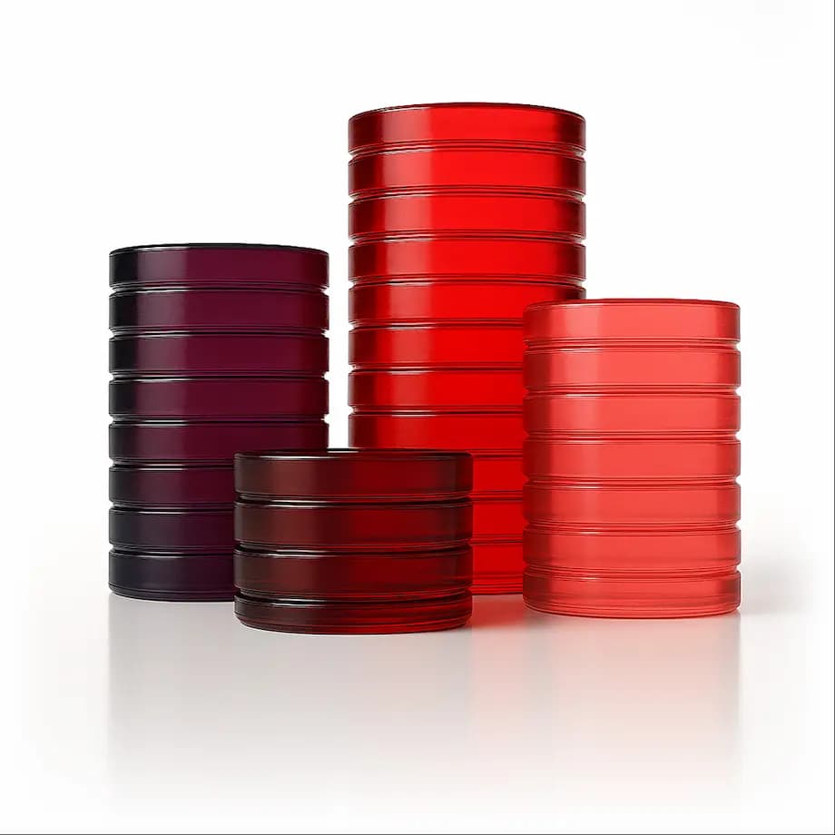 Four stacks of glossy, cylindrical discs in red and dark shades arranged on a white surface.
