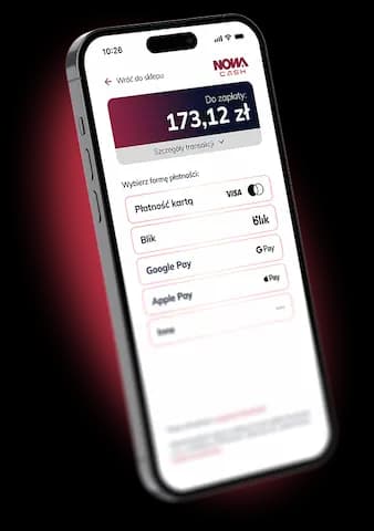 Smartphone screen showing payment page with multiple options including card, BLIK, Google Pay, and Apple Pay.