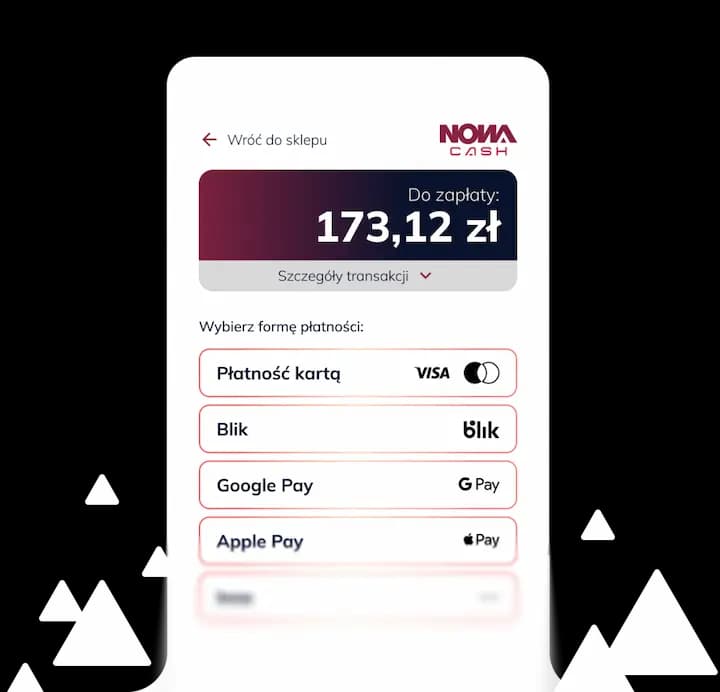Mobile payment screen showing amount due with options for card, BLIK, Google Pay, and Apple Pay.