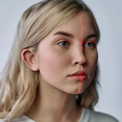 Woman with blonde hair and a red line projected across her face for symmetry analysis.