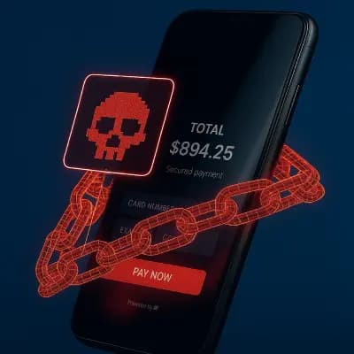 Smartphone wrapped in digital red chains with a skull icon, symbolizing ransomware or cyberattack.